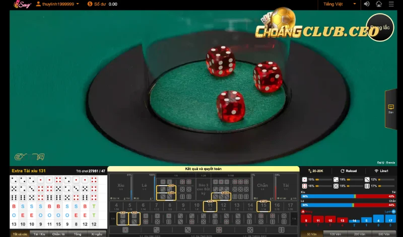 Cược Tài Xỉu trong Sicbo trực tuyến Choangclub